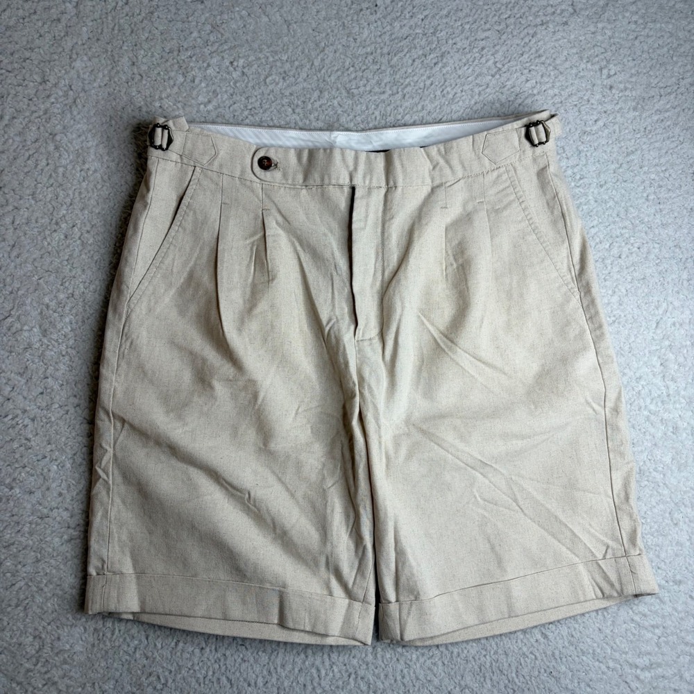 NEW Fioboc Mens Flax Cotton Blend Shorts Beige Khaki Pleated preppy  XL NWT